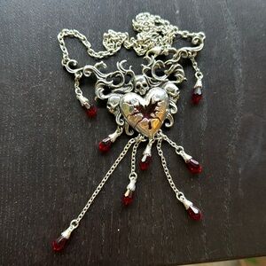 Heart with skull necklace silver tone